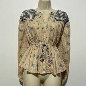 American Eagle Womens Gauzy Blouse Sz S Beige Floral Cottagecore Prairie Peasant